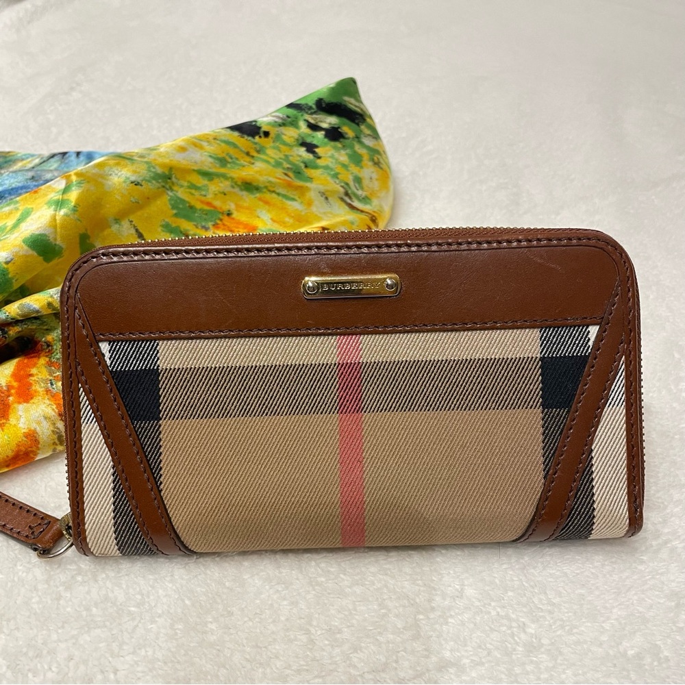 Burberry Brown/Beige House Check Canvas and Leather Zip Around Wallet